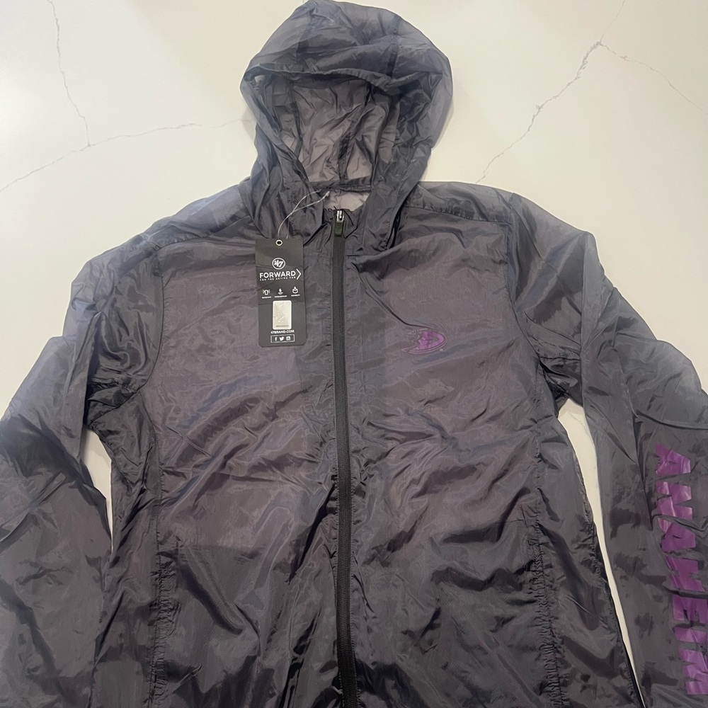New 47’  Brand Anaheim Ducks Windbreaker Jacket Hooded Design and Purple Size L